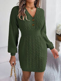 Buttoned Cable-Knit V-Neck Sweater Dress king-general-store-5710.myshopify.com