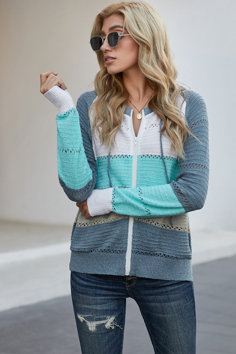 Zip-Up Raglan Sleeve Openwork Hooded Cardigan king-general-store-5710.myshopify.com