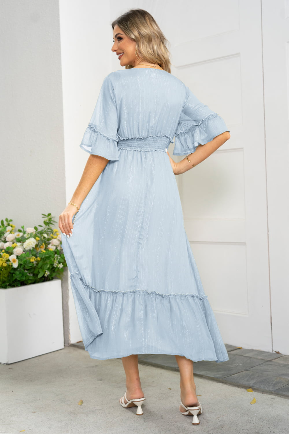 V-Neck Flounce Sleeve Smocked Waist High Slit Dress king-general-store-5710.myshopify.com