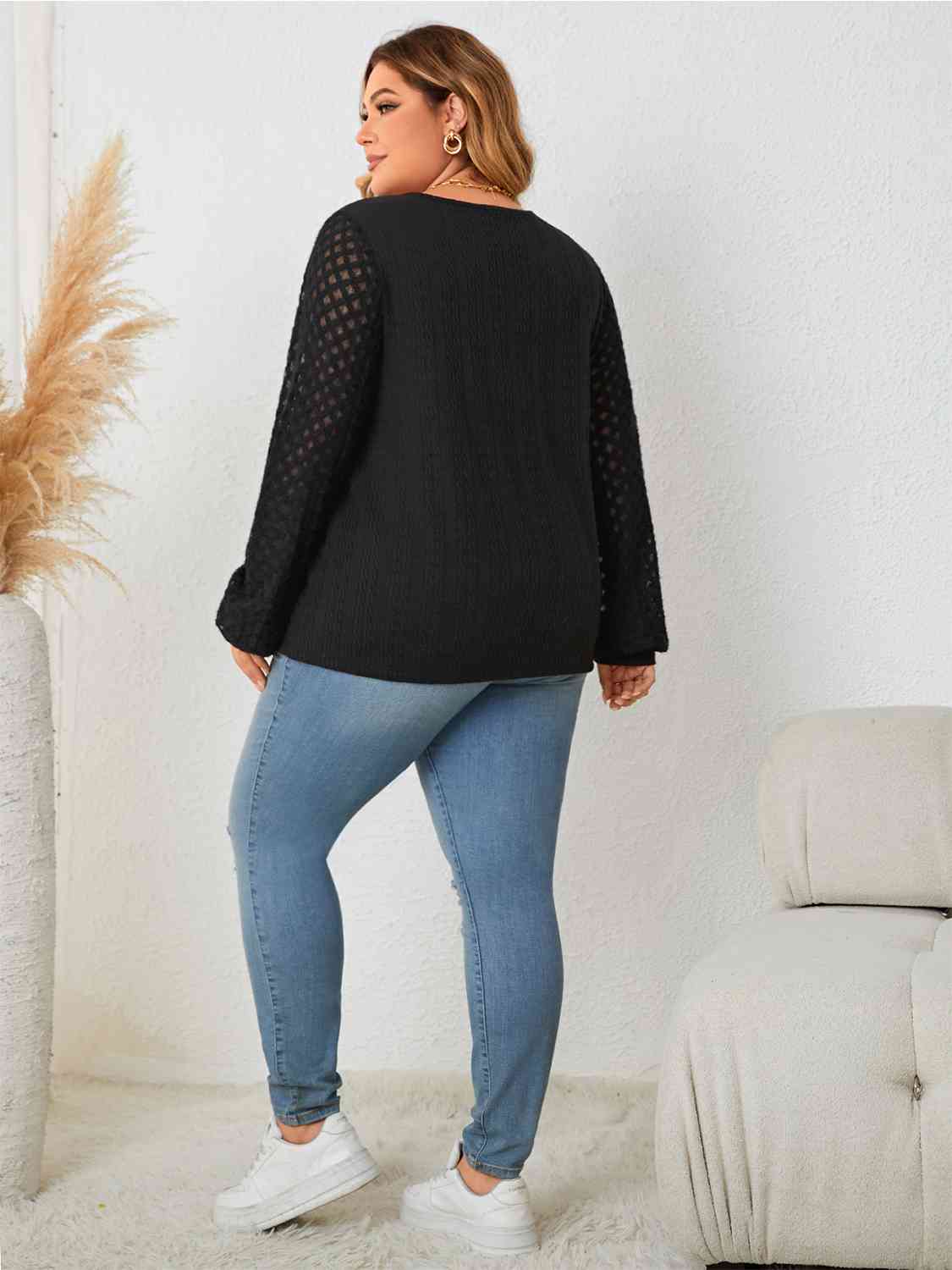 Plus Size Openwork Notched Button Front Blouse king-general-store-5710.myshopify.com