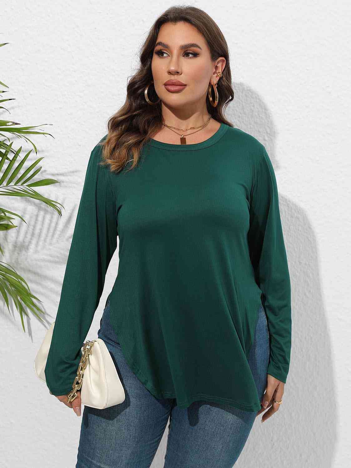 Plus Size Round Neck Long Sleeve Slit T-Shirt king-general-store-5710.myshopify.com