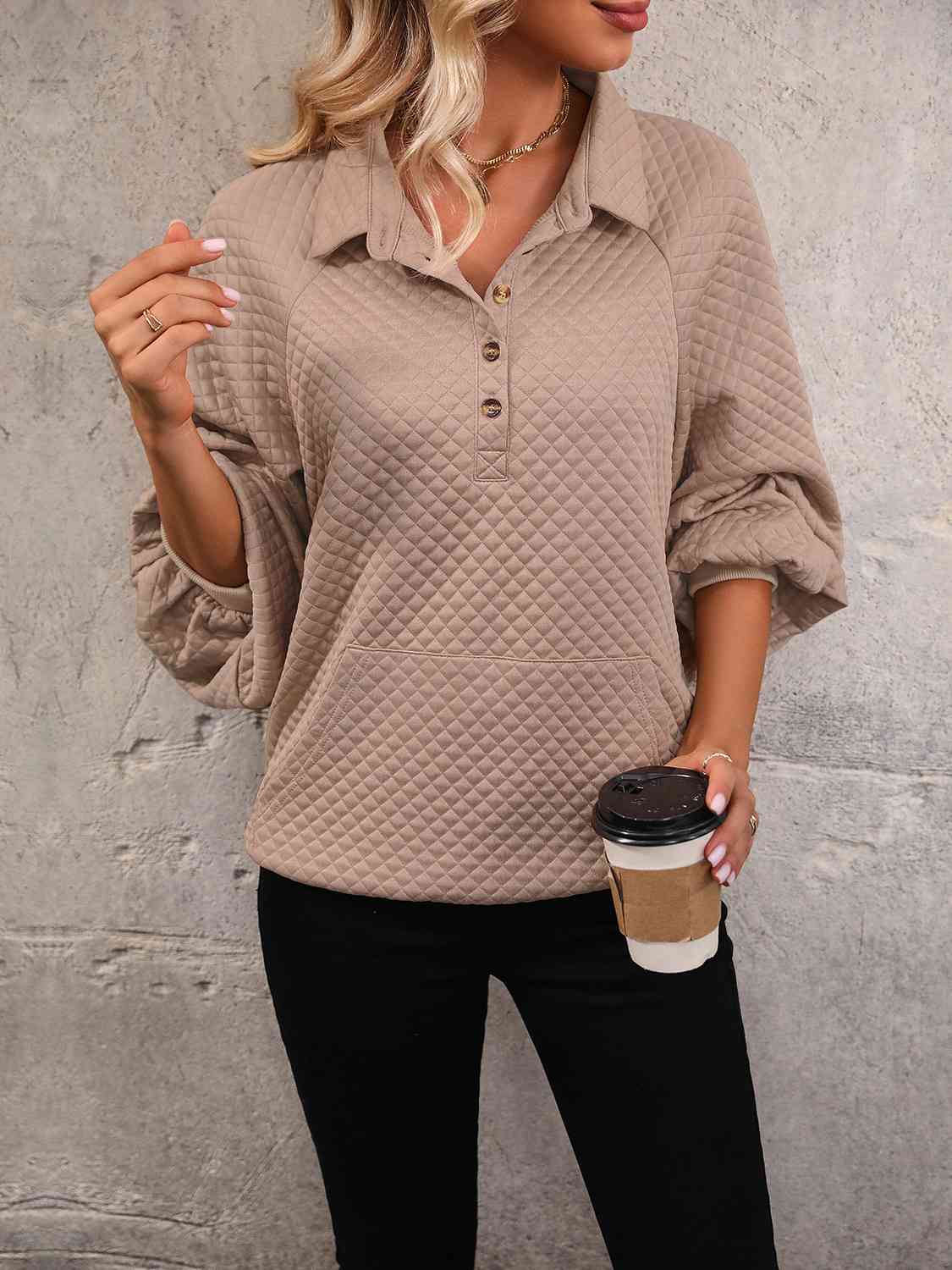 Collared Neck Buttoned Sweatshirt with Pocket king-general-store-5710.myshopify.com