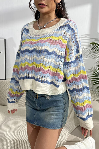 Striped Openwork Dropped Shoulder Sweater king-general-store-5710.myshopify.com