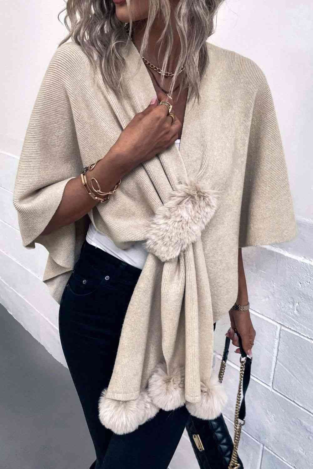 Surplice Neck Pom-Pom Trim Poncho king-general-store-5710.myshopify.com