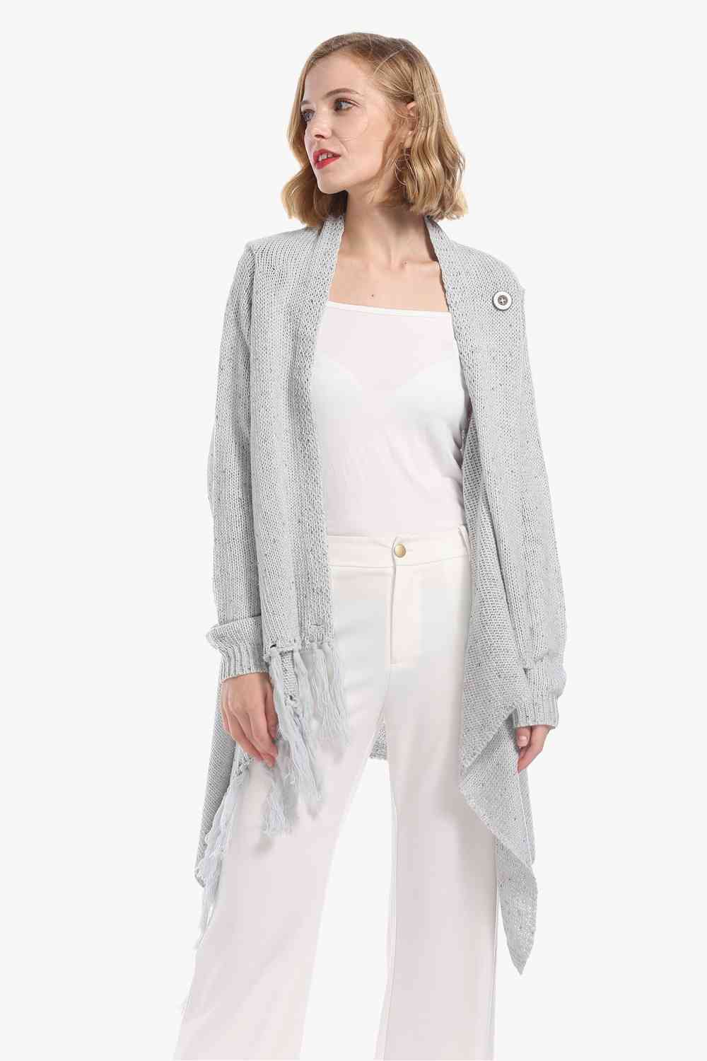 One-Button Tassel Tie Asymmetrical Hem Cardigan king-general-store-5710.myshopify.com