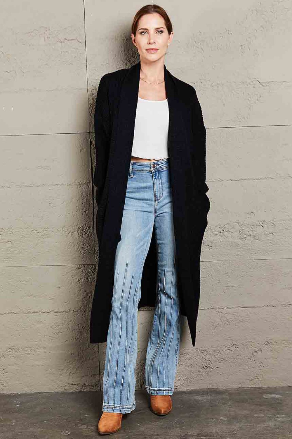 Double Take Waffle Knit Open Front Duster Cardigan With Pockets king-general-store-5710.myshopify.com