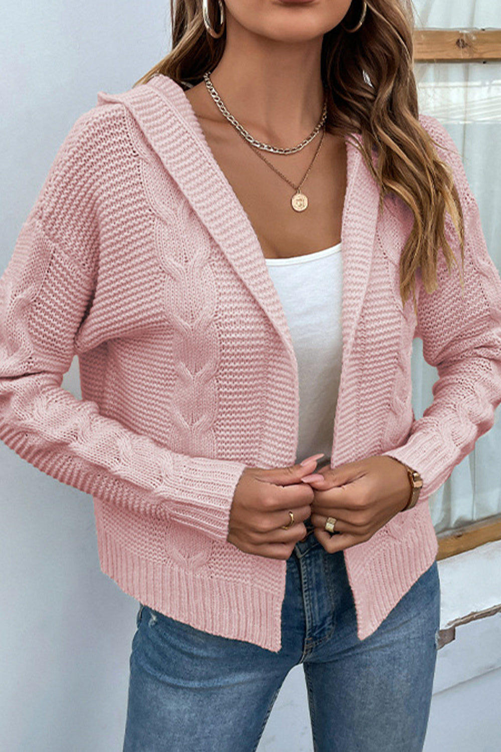 Cable-Knit Dropped Shoulder Hooded Cardigan king-general-store-5710.myshopify.com