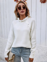 Button Detail Frill Neck Rib-Knit Sweater king-general-store-5710.myshopify.com