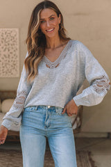 Openwork V-Neck Raglan Sleeve Sweater king-general-store-5710.myshopify.com