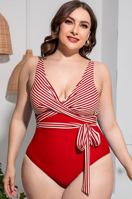 Plus Size Striped Tie-Waist One-Piece Swimsuit king-general-store-5710.myshopify.com