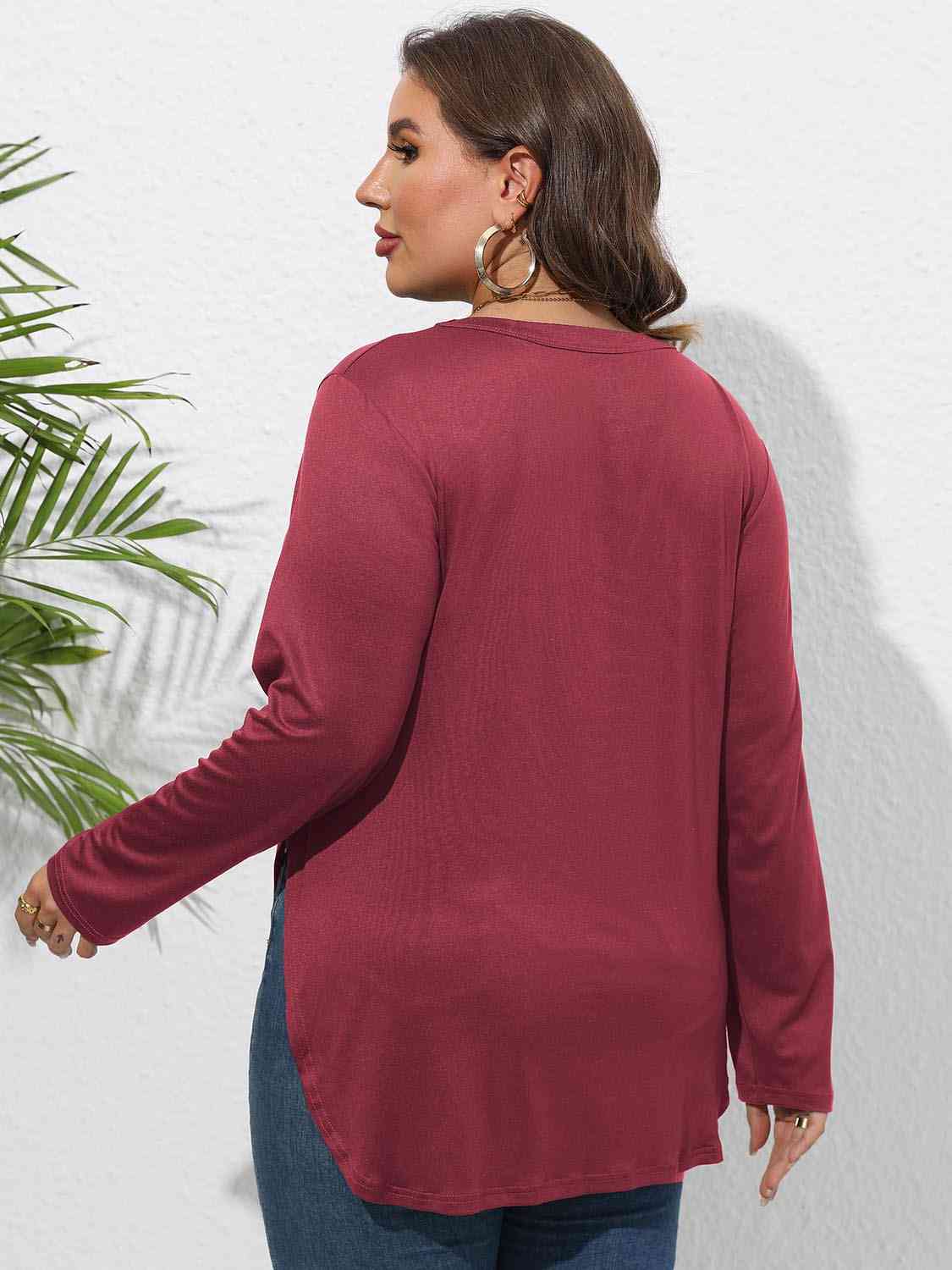 Plus Size Round Neck Long Sleeve Slit T-Shirt king-general-store-5710.myshopify.com