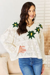 POL Floral Embroidered Pattern V-Neck Sweater king-general-store-5710.myshopify.com