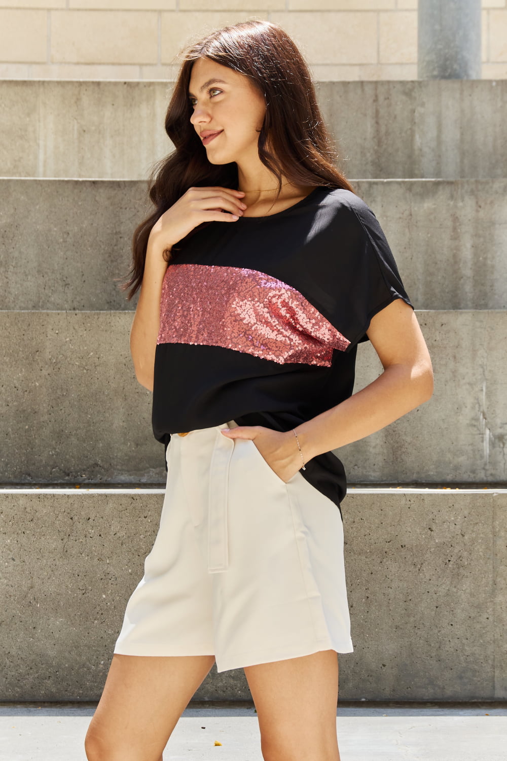Sew In Love Shine Bright Full Size Center Mesh Sequin Top in Black/Mauve king-general-store-5710.myshopify.com