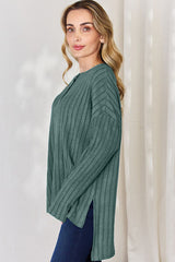 Basic Bae Full Size Ribbed Half Button Long Sleeve High-Low T-Shirt king-general-store-5710.myshopify.com