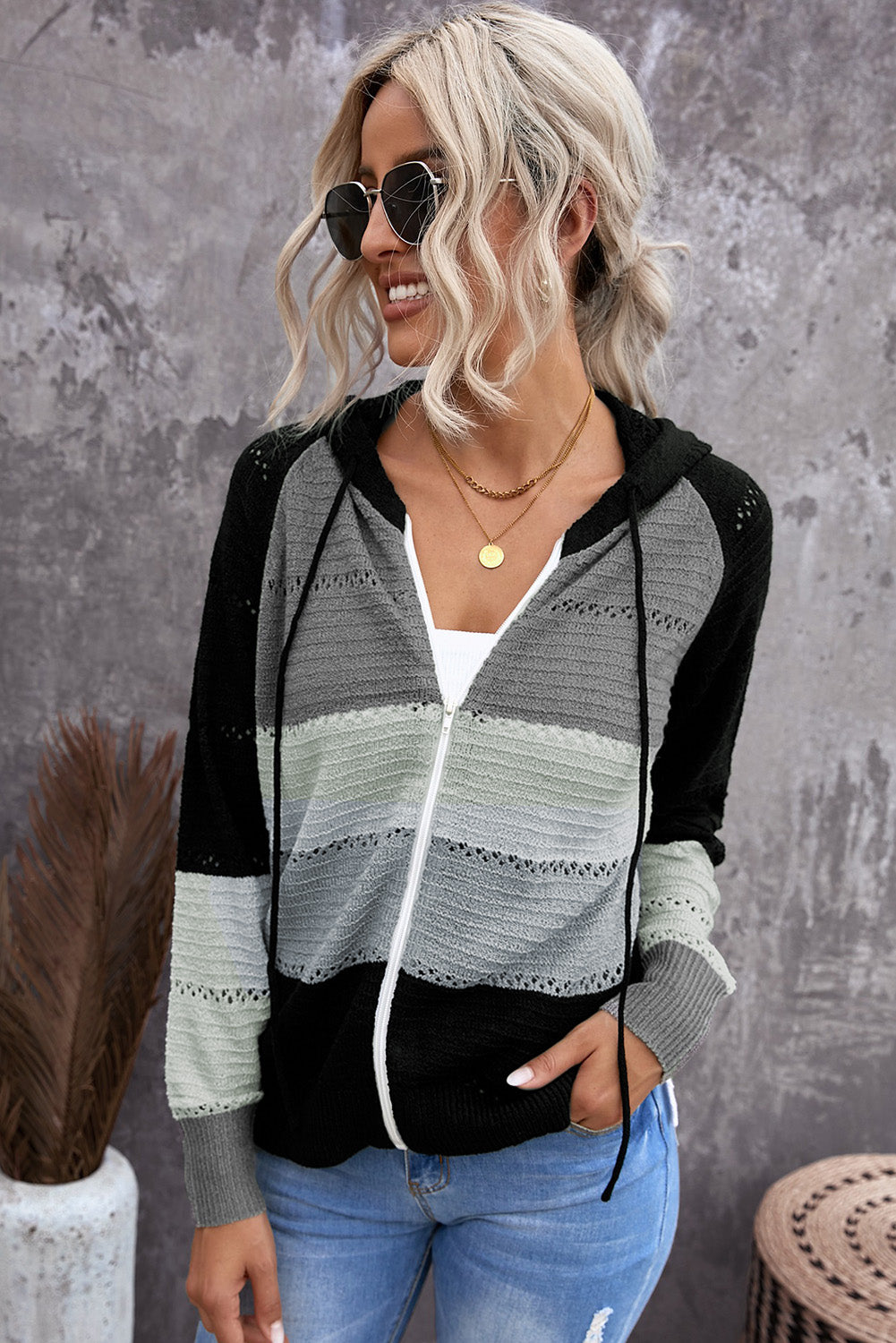 Zip-Up Raglan Sleeve Openwork Hooded Cardigan king-general-store-5710.myshopify.com