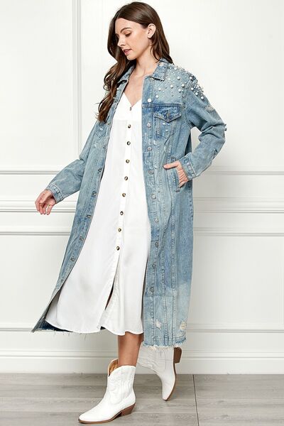 Veveret Full Size Distressed Raw Hem Pearl Detail Button Up Jacket king-general-store-5710.myshopify.com