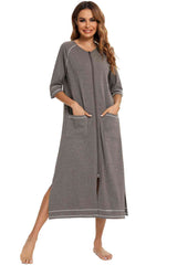 Zip Up Slit Round Neck Night Dress with Pockets king-general-store-5710.myshopify.com