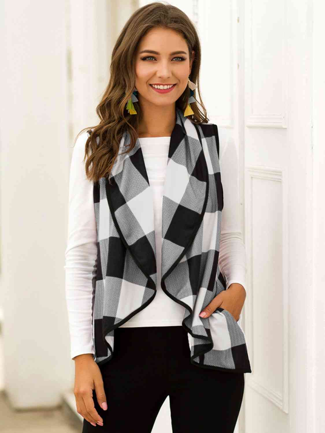 Plaid Open Front Sleeveless Cardigan king-general-store-5710.myshopify.com