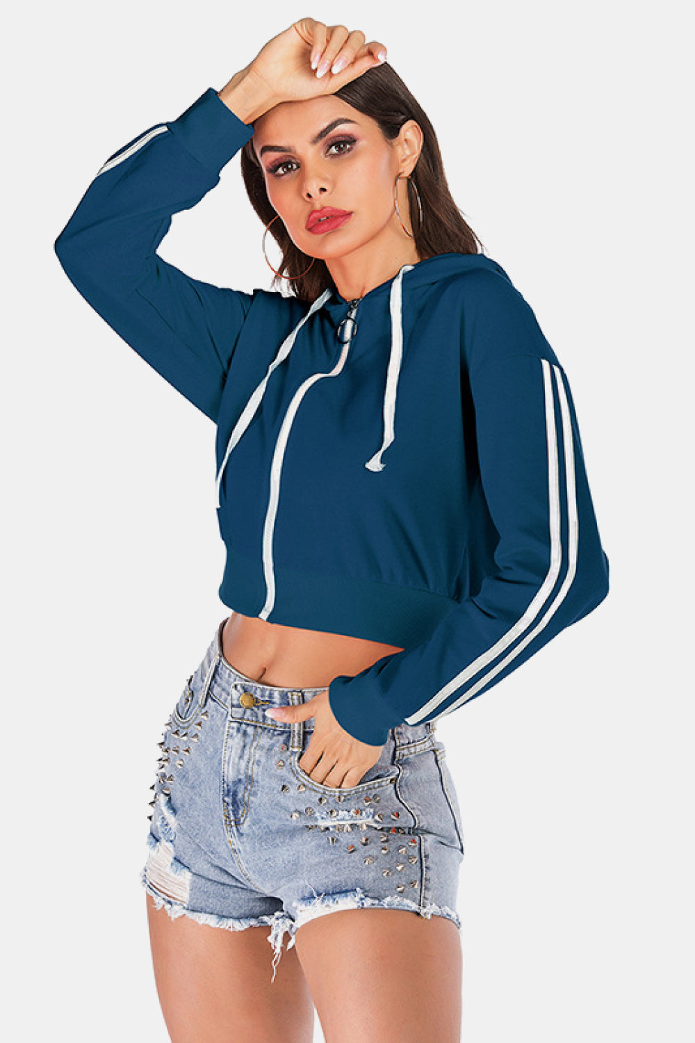 Side Stripe Drawstring Cropped Hooded Jacket king-general-store-5710.myshopify.com