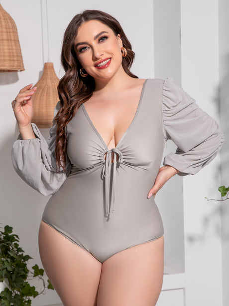 Plus Size Tied Deep V Balloon Sleeve One-Piece Swimsuit king-general-store-5710.myshopify.com