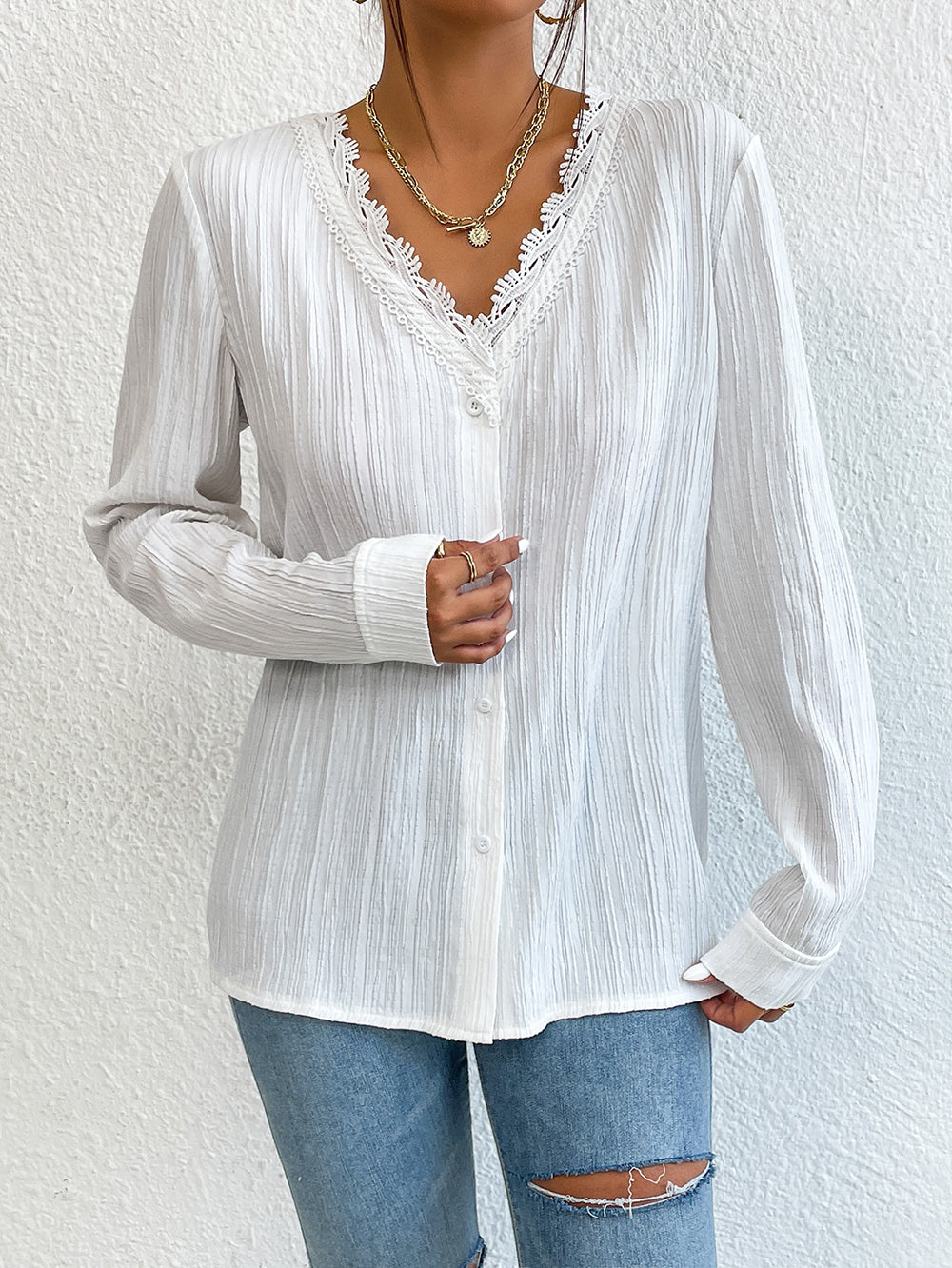 Lace Trim V-Neck Long Sleeve Shirt king-general-store-5710.myshopify.com