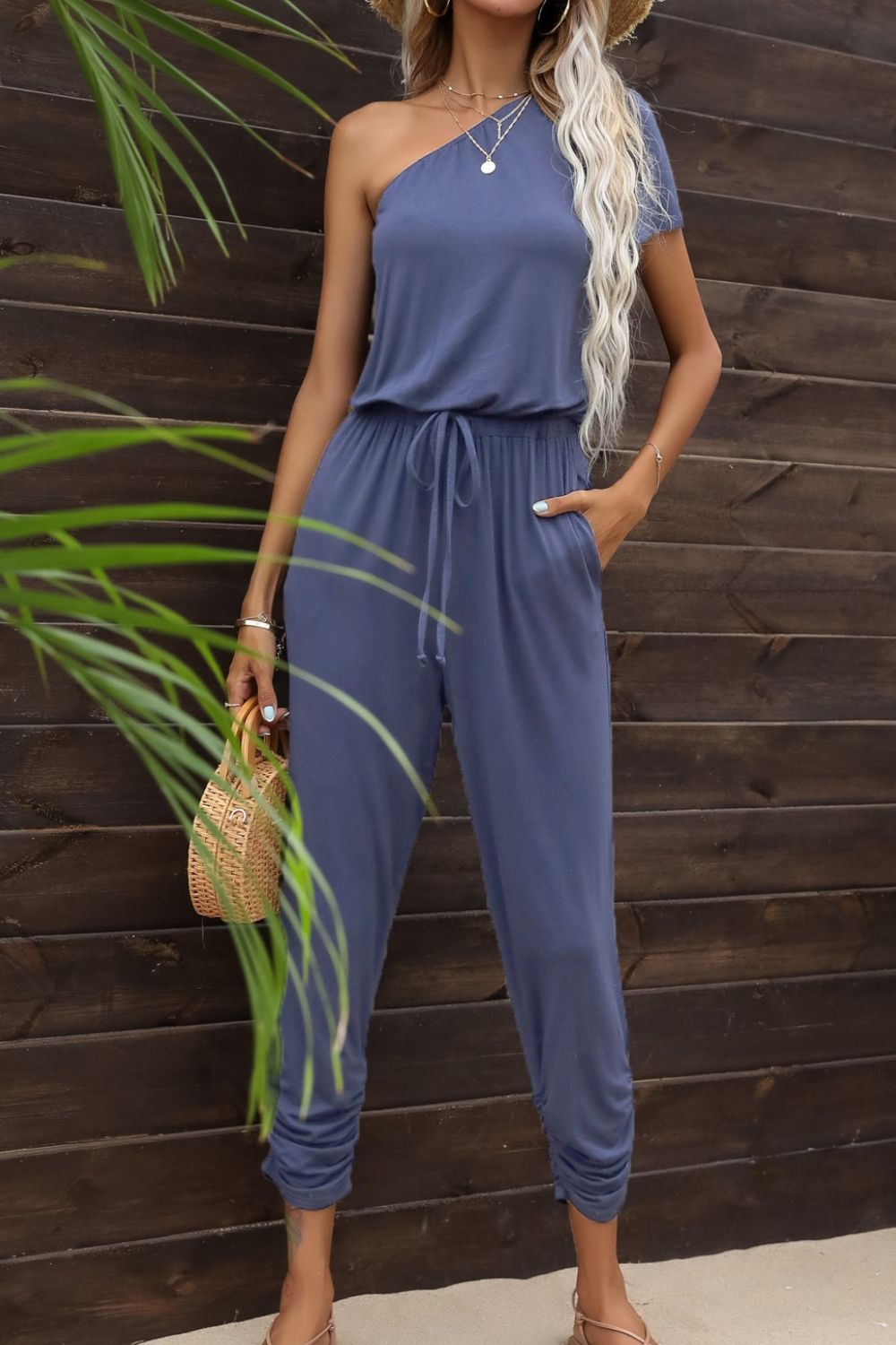 Drawstring Waist One-Shoulder Jumpsuit with Pockets king-general-store-5710.myshopify.com