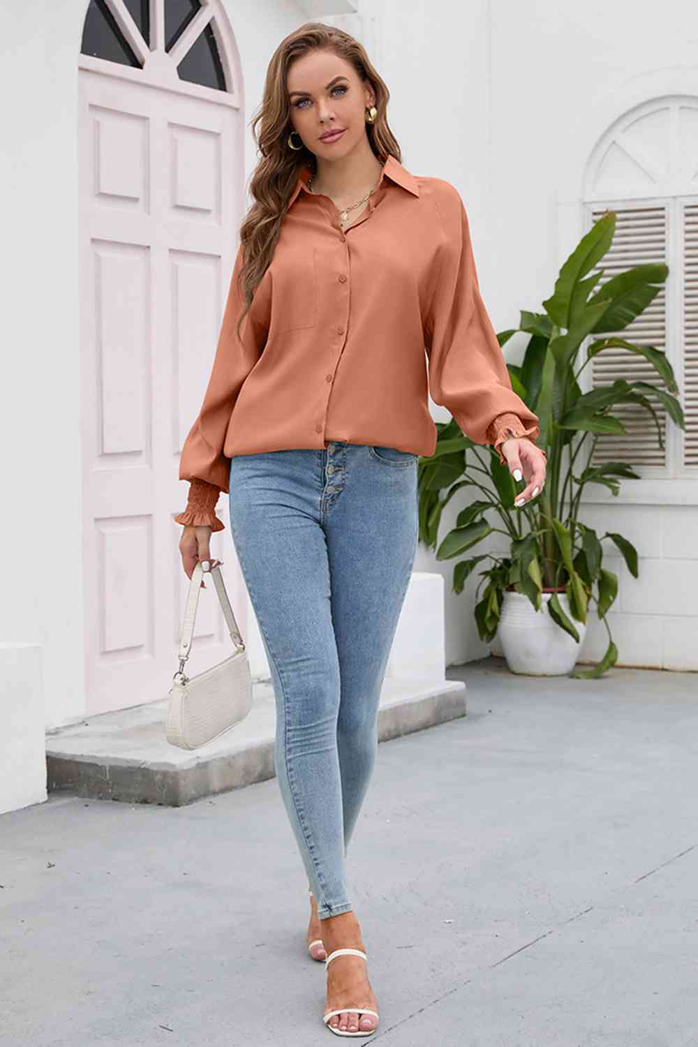 High-Low Collared Neck Lantern Sleeve Shirt king-general-store-5710.myshopify.com