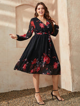 Plus Size Floral Surplice Neck Tie Waist Dress king-general-store-5710.myshopify.com