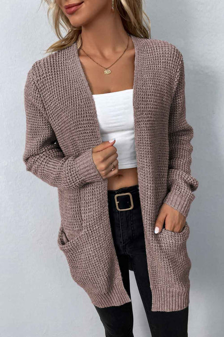 Rib-Knit Open Front Pocketed Cardigan king-general-store-5710.myshopify.com