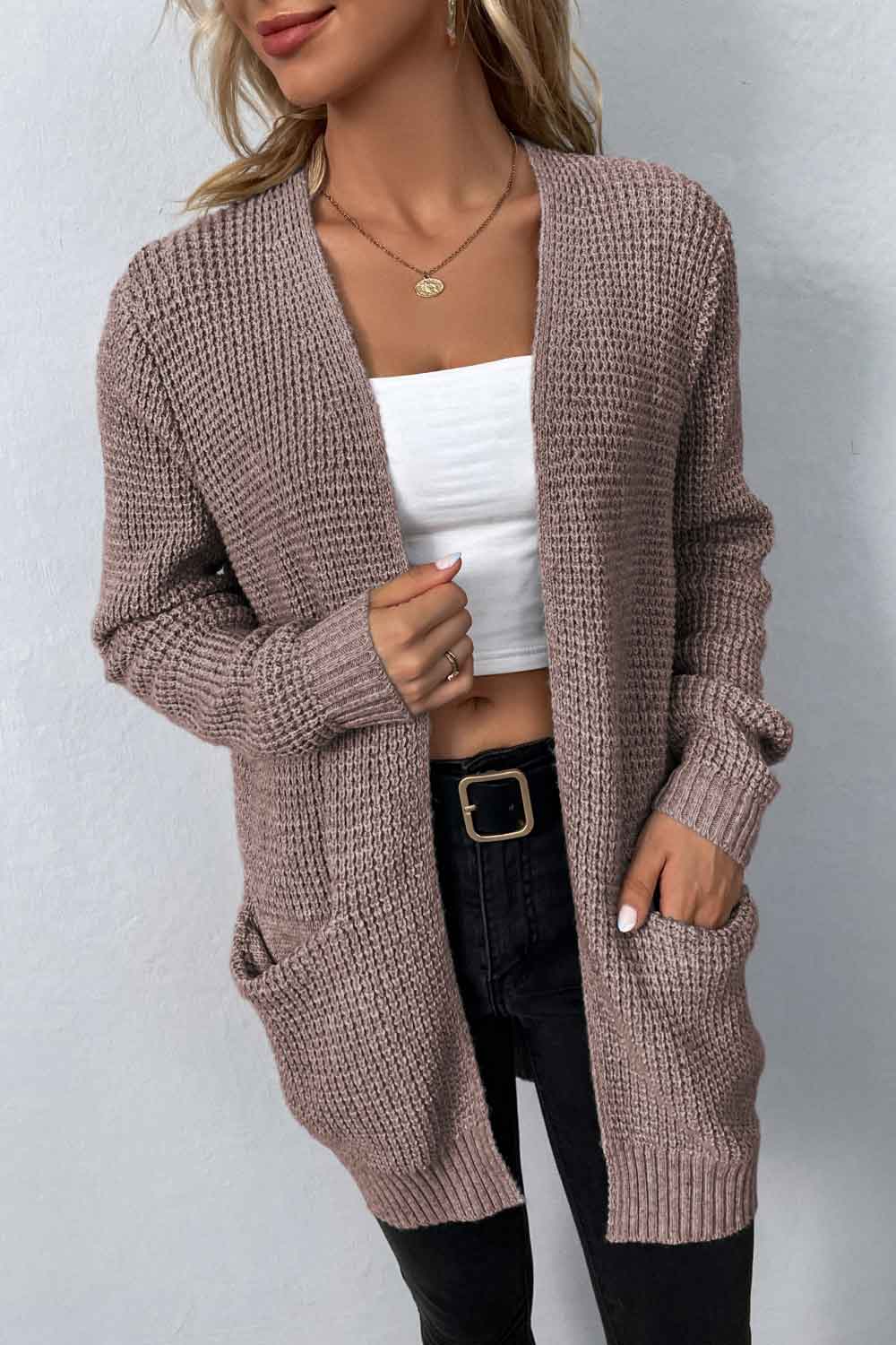 Rib-Knit Open Front Pocketed Cardigan king-general-store-5710.myshopify.com