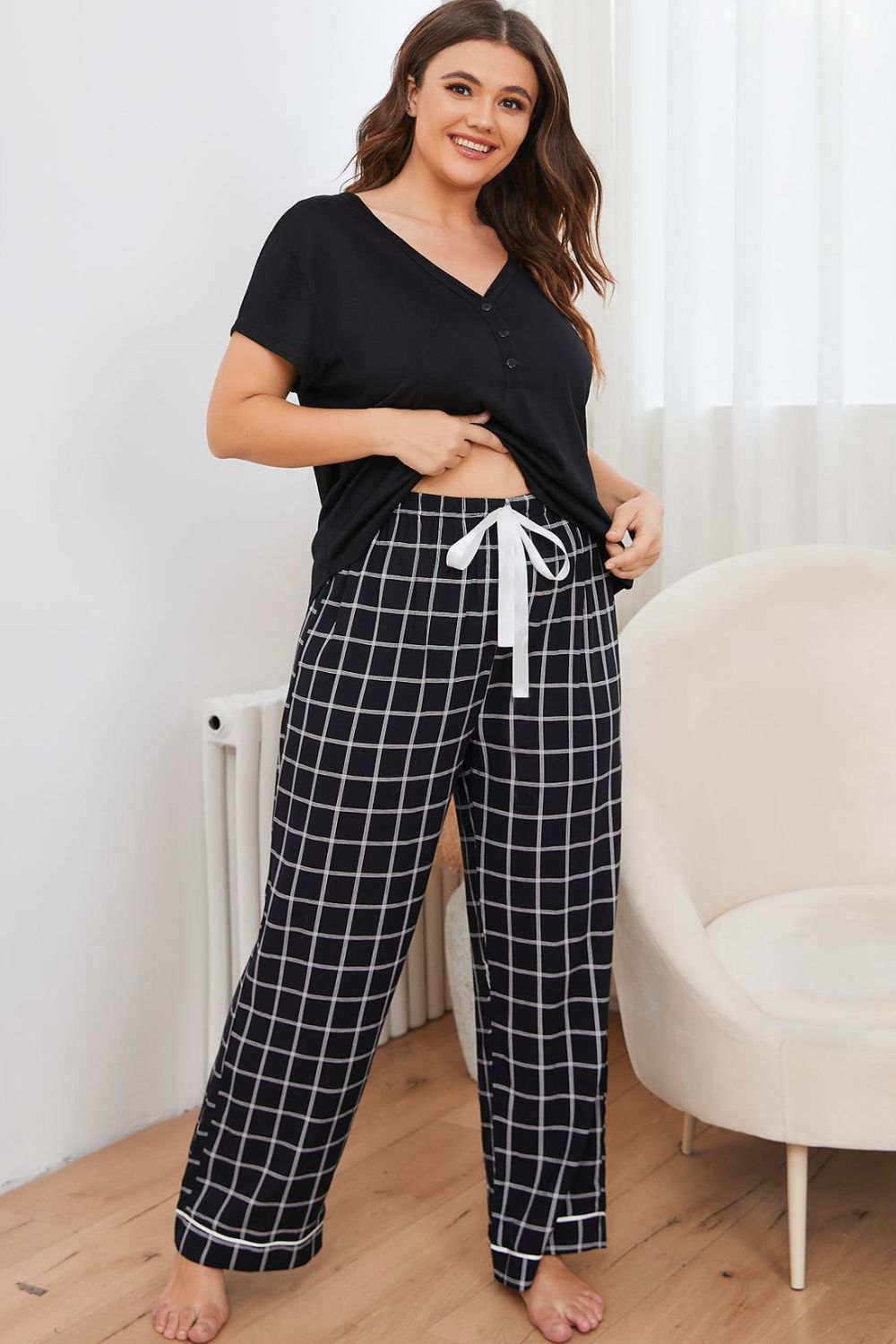 Plus Size V-Neck Top and Plaid Pants Lounge Set king-general-store-5710.myshopify.com