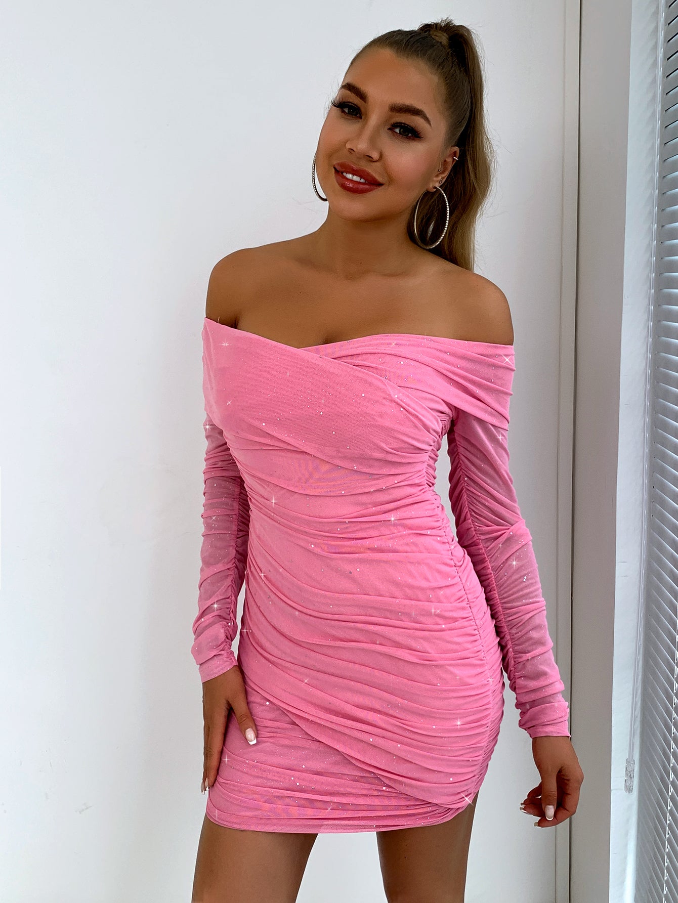 Glitter Ruched Off-Shoulder Long Sleeve Bodycon Dress king-general-store-5710.myshopify.com