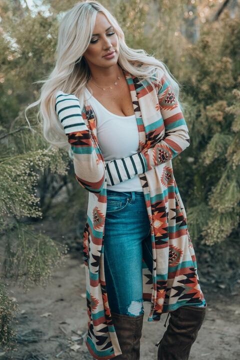 Multicolor Geometric Color Block Open Front Long Cardigan king-general-store-5710.myshopify.com