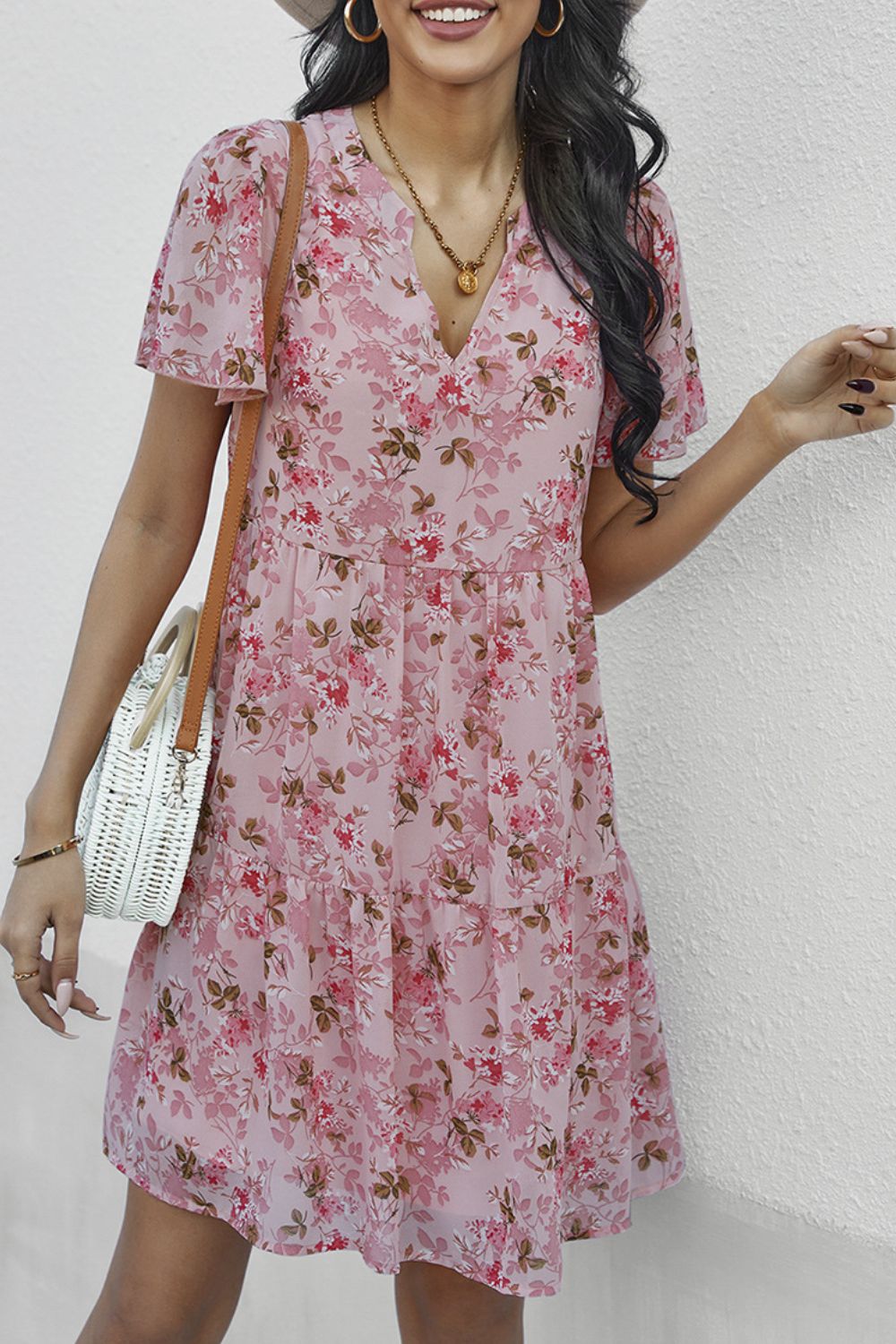 Floral Notched Flutter Sleeve Mini Dress king-general-store-5710.myshopify.com