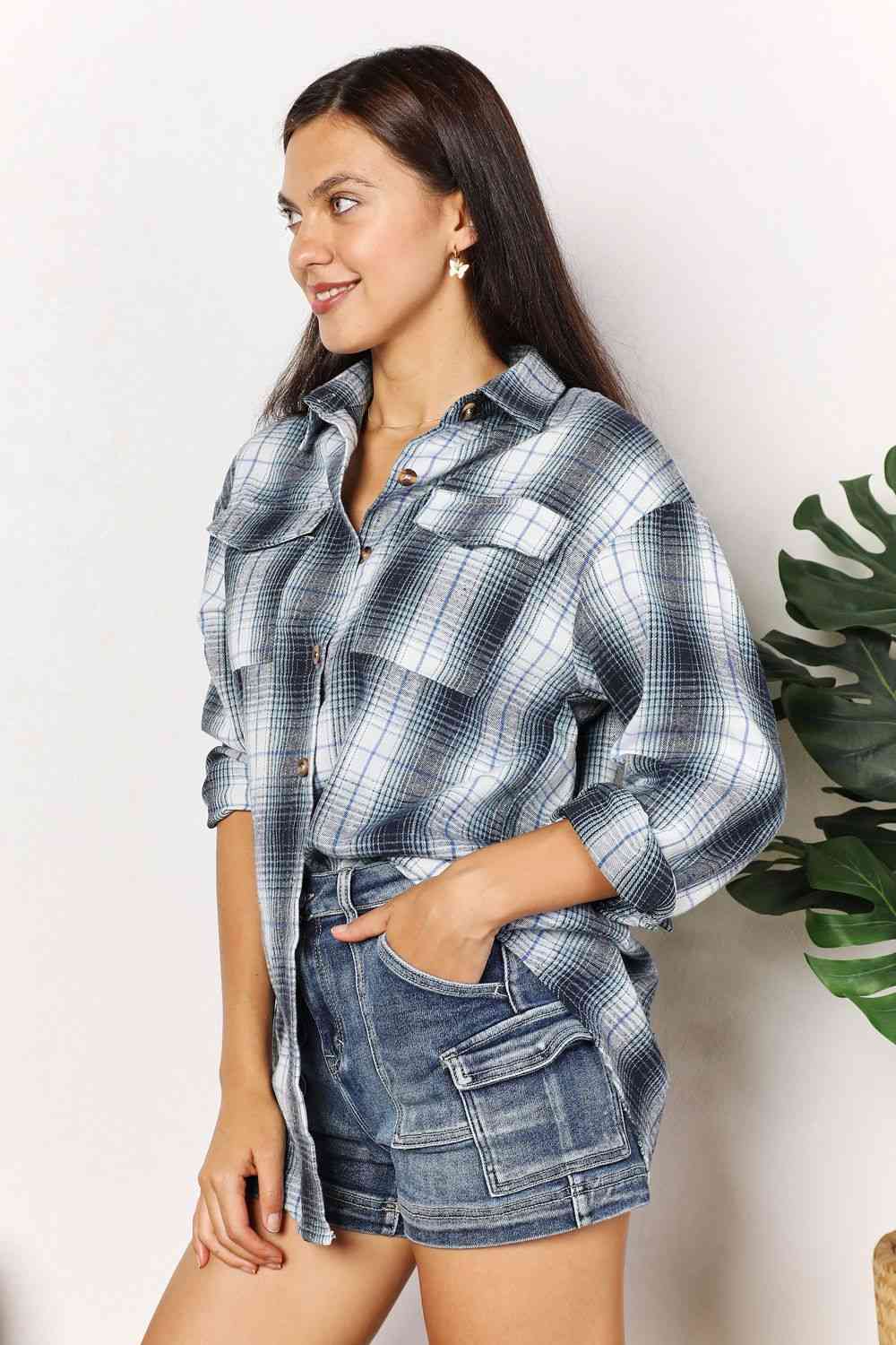 Double Take Plaid Dropped Shoulder Shirt king-general-store-5710.myshopify.com