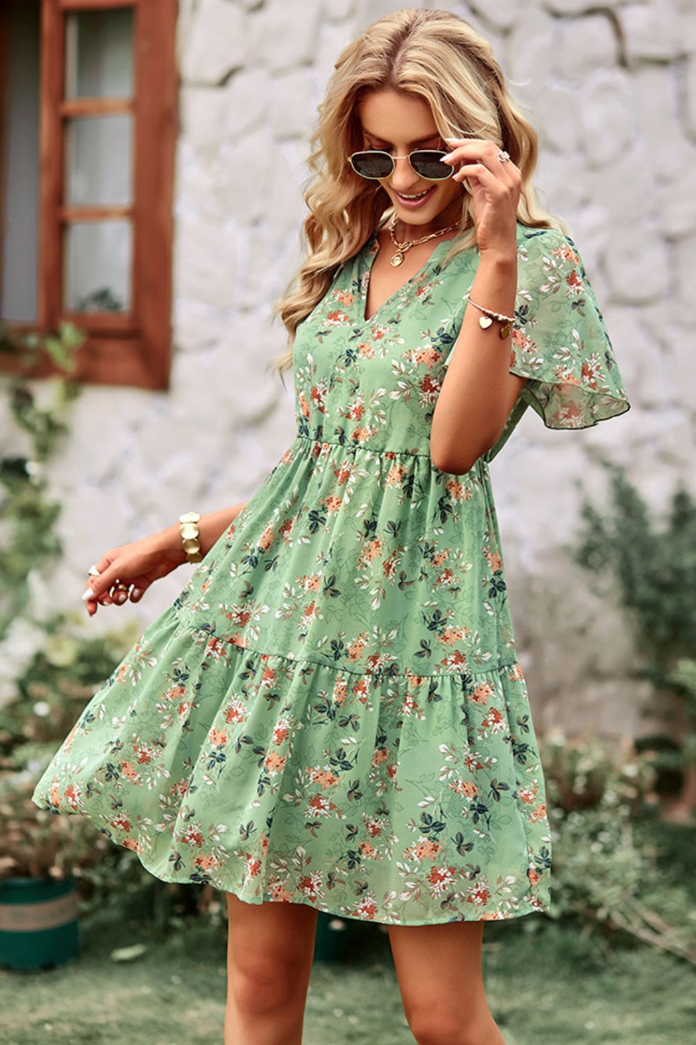 Floral Notched Flutter Sleeve Mini Dress king-general-store-5710.myshopify.com