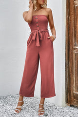 Decorative Button Strapless Smocked Jumpsuit with Pockets king-general-store-5710.myshopify.com