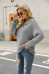 Double Take Horizontal Ribbing Johnny Collar Sweater king-general-store-5710.myshopify.com