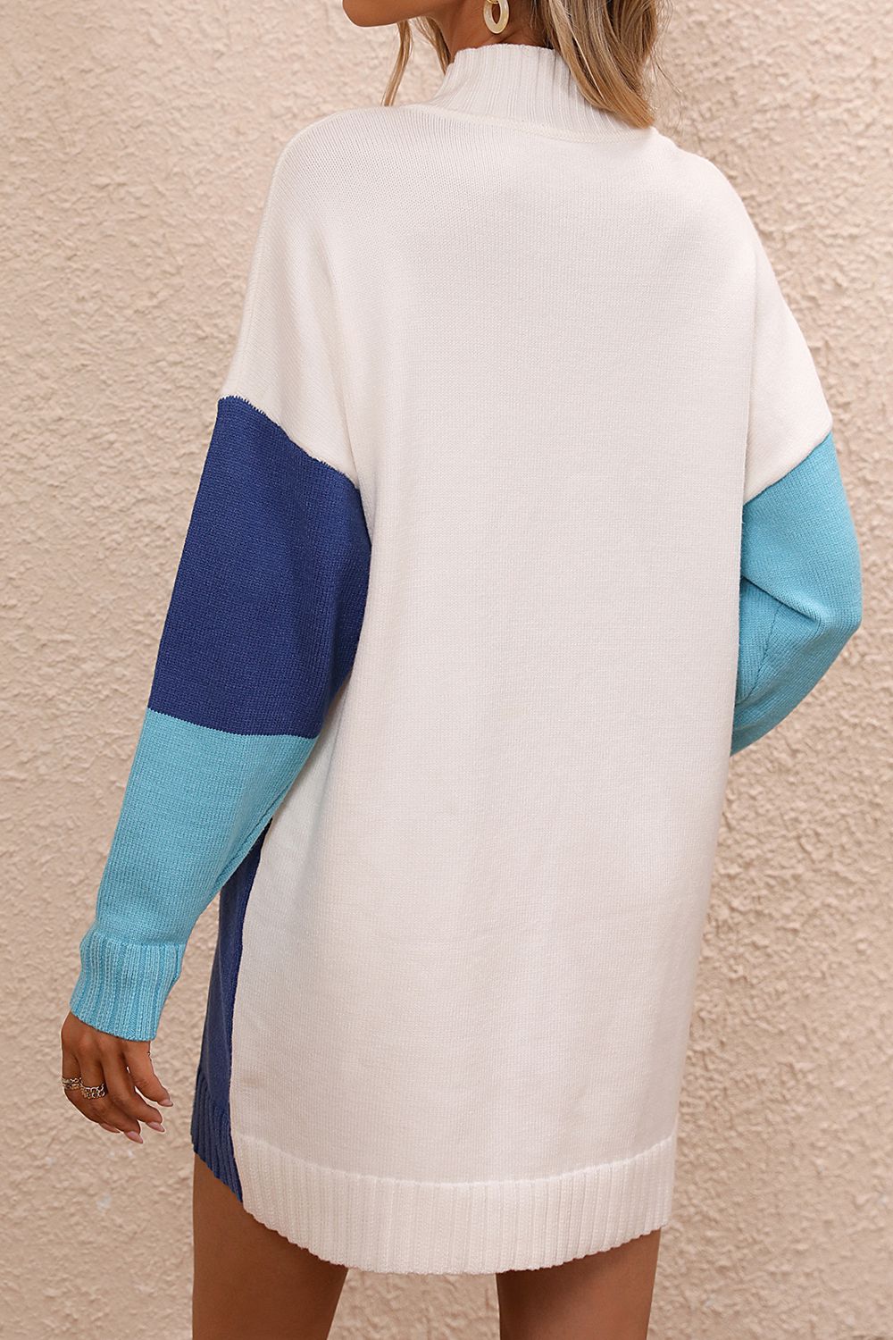 Color Block Mock Neck Dropped Shoulder Sweater Dress king-general-store-5710.myshopify.com