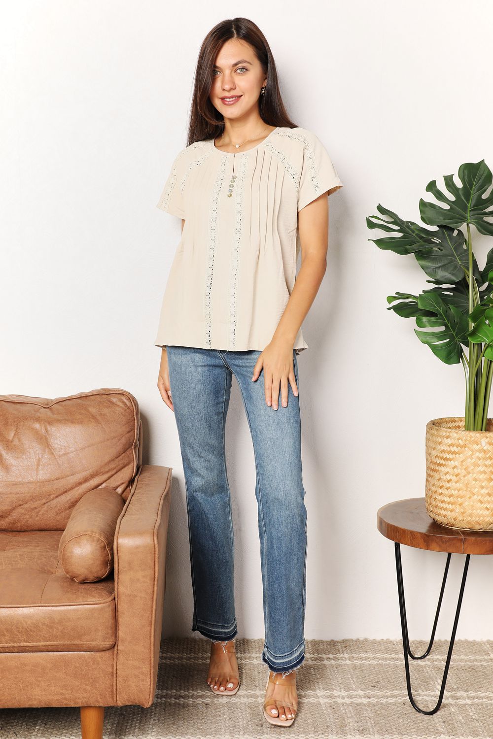 Double Take Crochet Buttoned Short Sleeves Top king-general-store-5710.myshopify.com