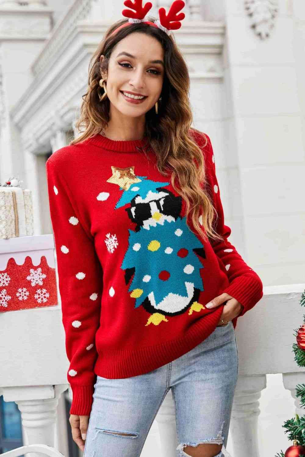 Christmas Penguin Graphic Sequin Sweater king-general-store-5710.myshopify.com