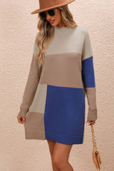 Color Block Mock Neck Dropped Shoulder Sweater Dress king-general-store-5710.myshopify.com