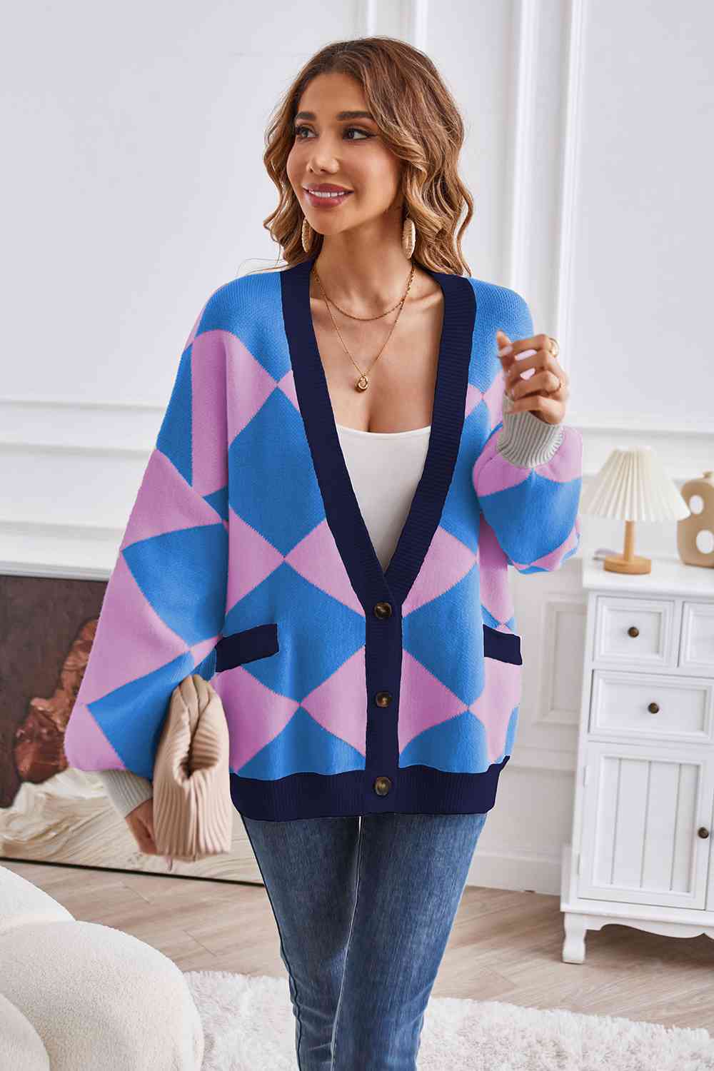 Geometric Lantern Sleeve Cardigan with Pockets king-general-store-5710.myshopify.com