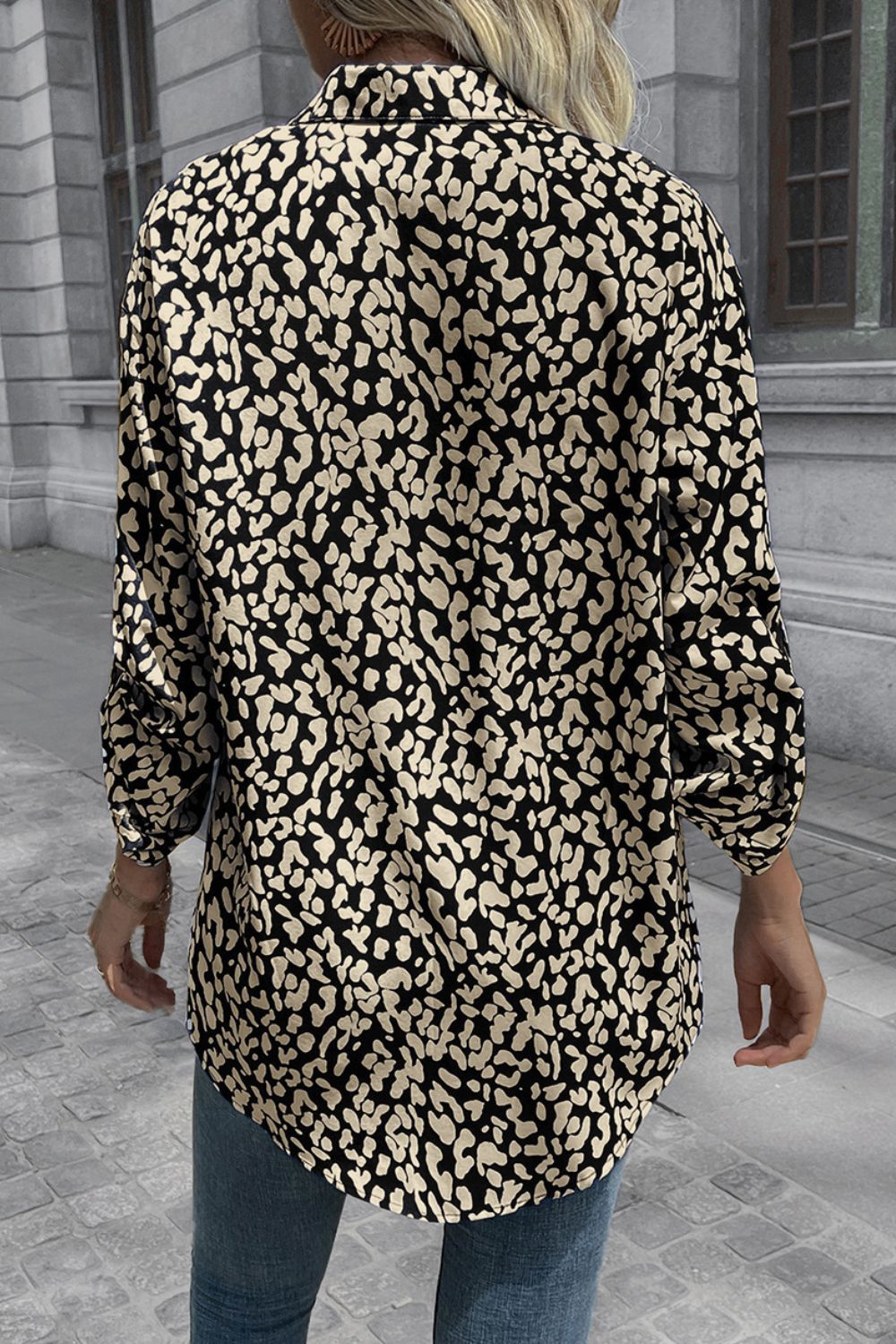 Double Take Leopard Roll-Tap Sleeve Shirt king-general-store-5710.myshopify.com