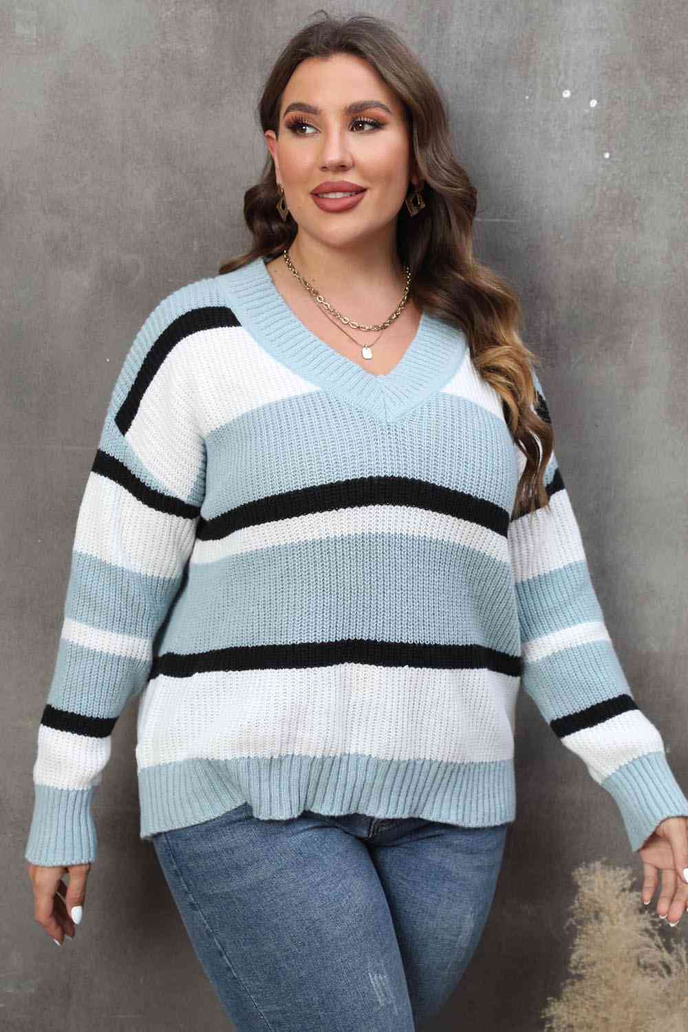 Plus Size Striped V-Neck Dropped Shoulder Sweater king-general-store-5710.myshopify.com