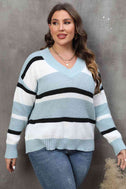 Plus Size Striped V-Neck Dropped Shoulder Sweater king-general-store-5710.myshopify.com