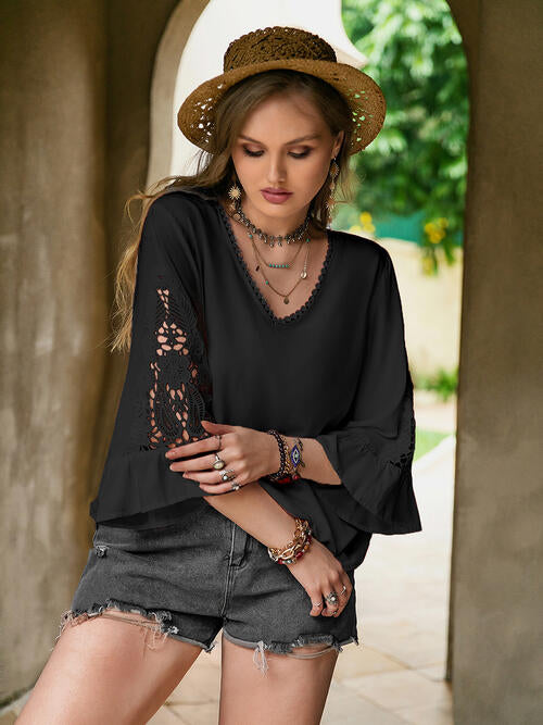 Double Take Plus Size Flower Crochet Flare Sleeve Top king-general-store-5710.myshopify.com