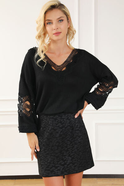 Openwork V-Neck Raglan Sleeve Sweater king-general-store-5710.myshopify.com