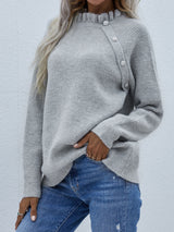 Button Detail Frill Neck Rib-Knit Sweater king-general-store-5710.myshopify.com