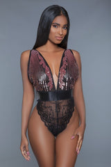 1 Pc. Cut-out Lace Bottoms With Raspberry-pink Sequins Plunging Sheer Neckline - Kings Crown Jewel Boutique